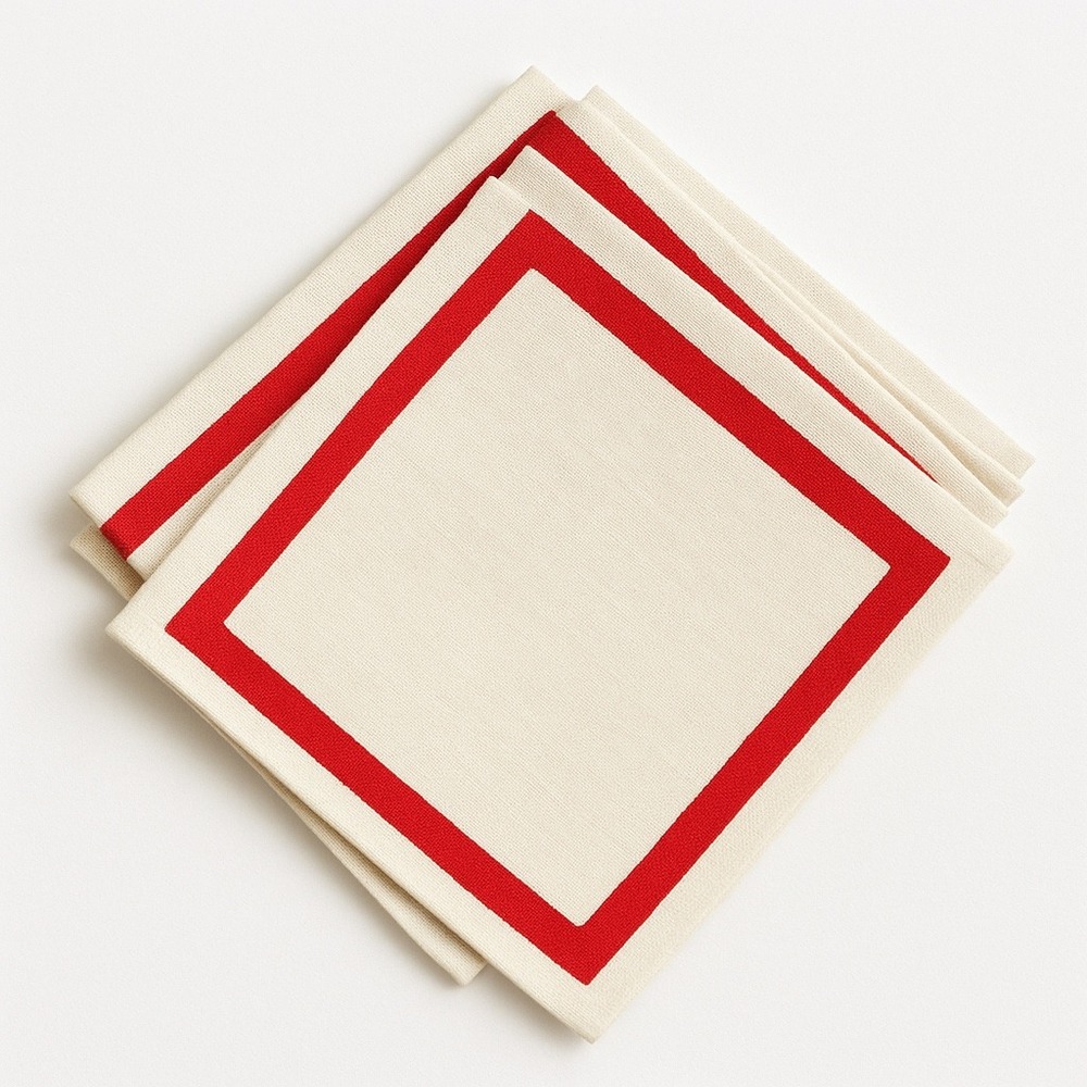 Vintage Red Border Linen Napkins Set of 4 1950s Mid Century‎ 10" Square